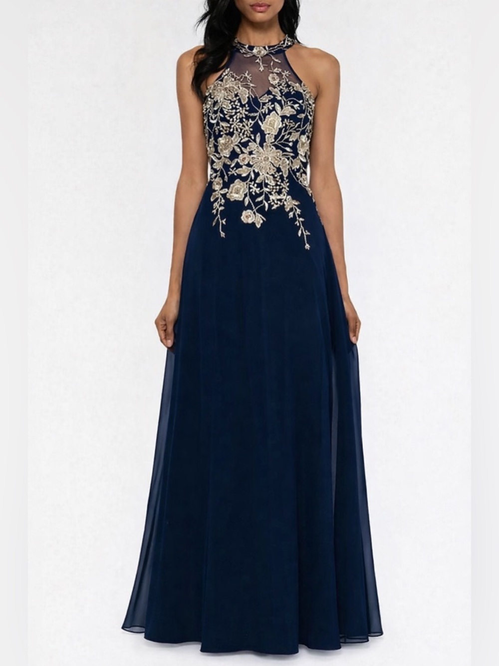 🆕✨ Betsy & Adam Navy Blue Gold Embroidered Maxi Dress Size 8 Formal Gown Floral